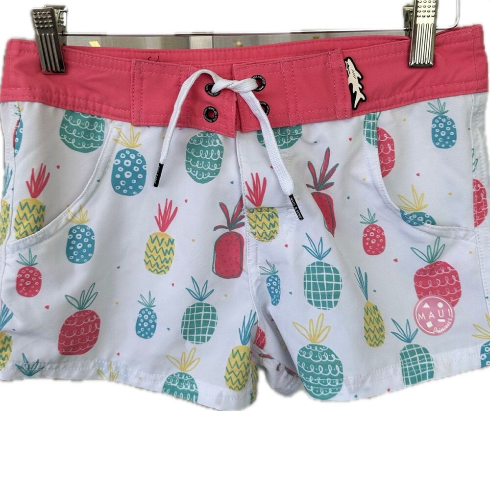 Maui & Sons Maui Princess Girls All Over Artsy Pineapple Hook Loop Swim Shorts 4